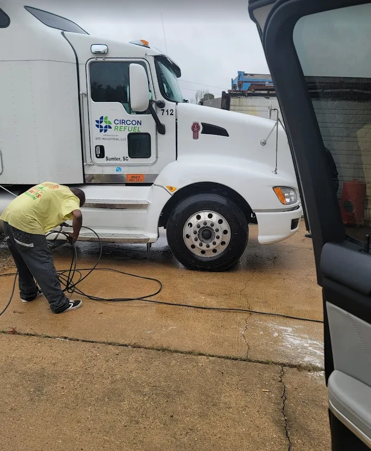 Power washing a semi-truck on-site